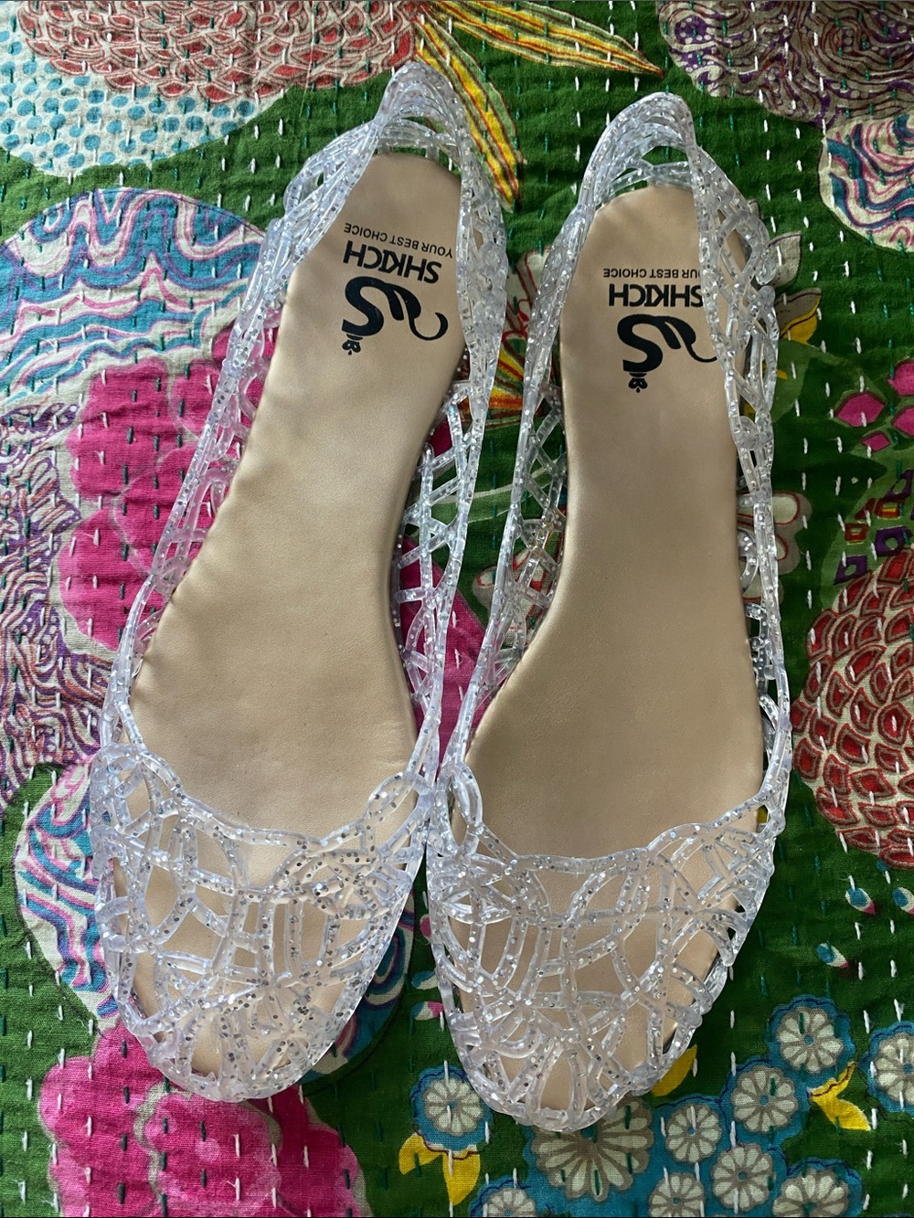 SHKCH Clear Jelly Flat Sandals with Glitter size 7 EUC